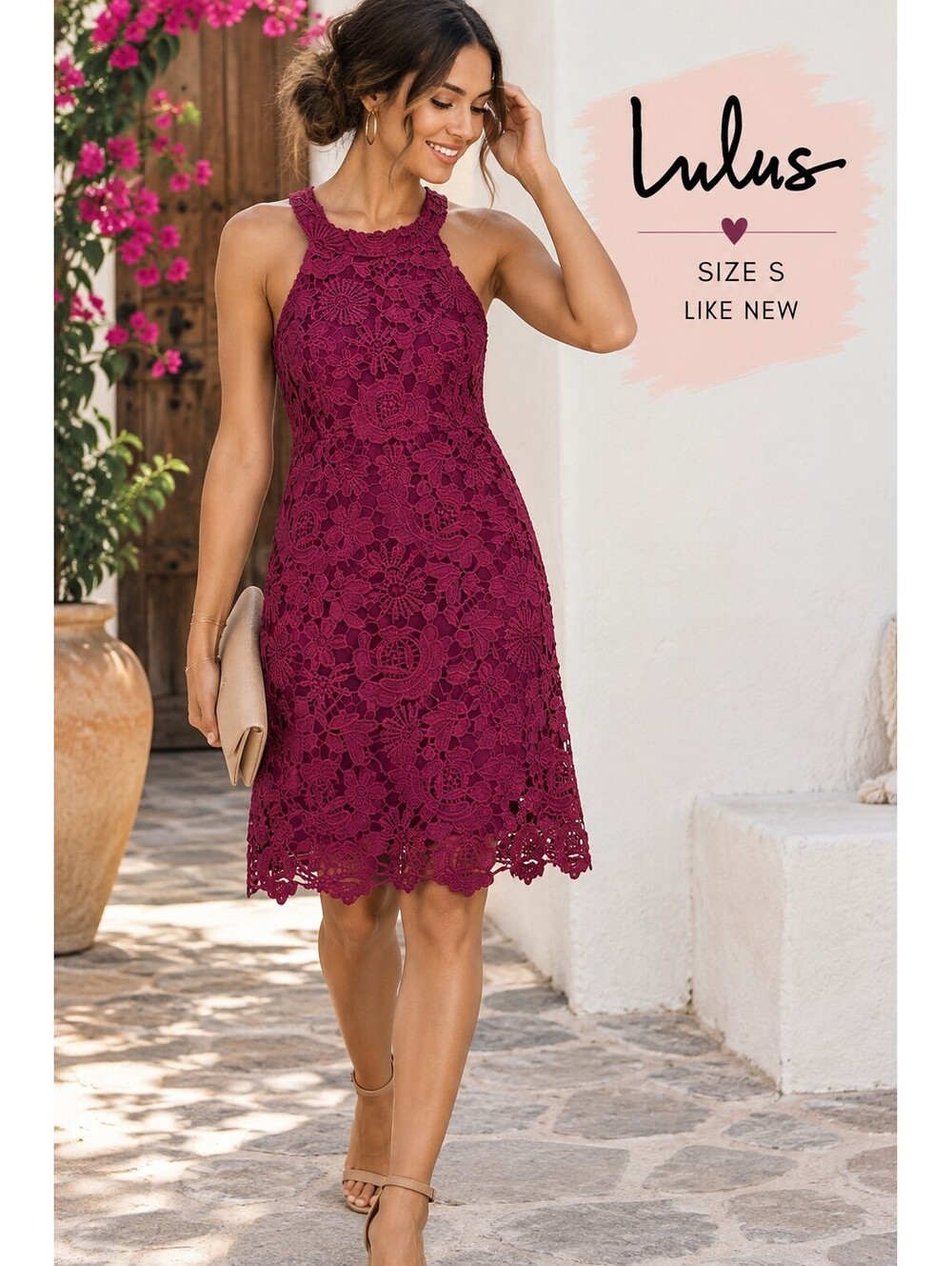 Lulus | S | Burgundy Crochet Lace Halter Dress